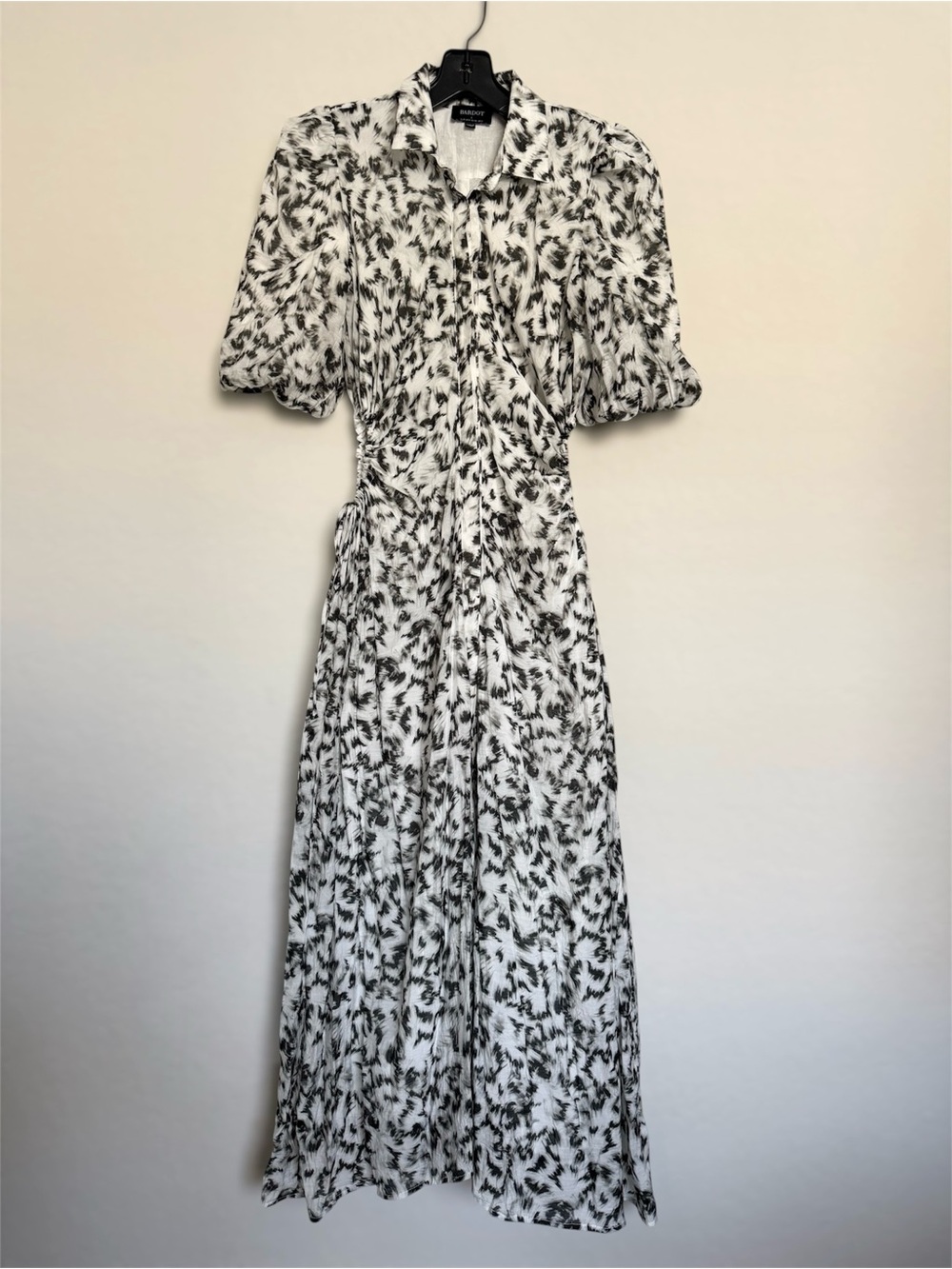 Bardot Puff Sleeve Side Cut Out Midi Dress Size S Abstract Print Romantic Flowy